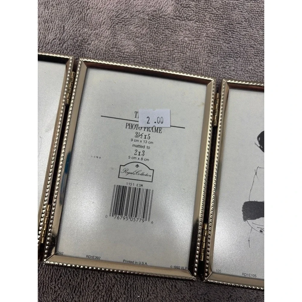 Vintage Triple Hinged Picture Frame Gold Tone 3.5x5 Folding Tabletop Photo